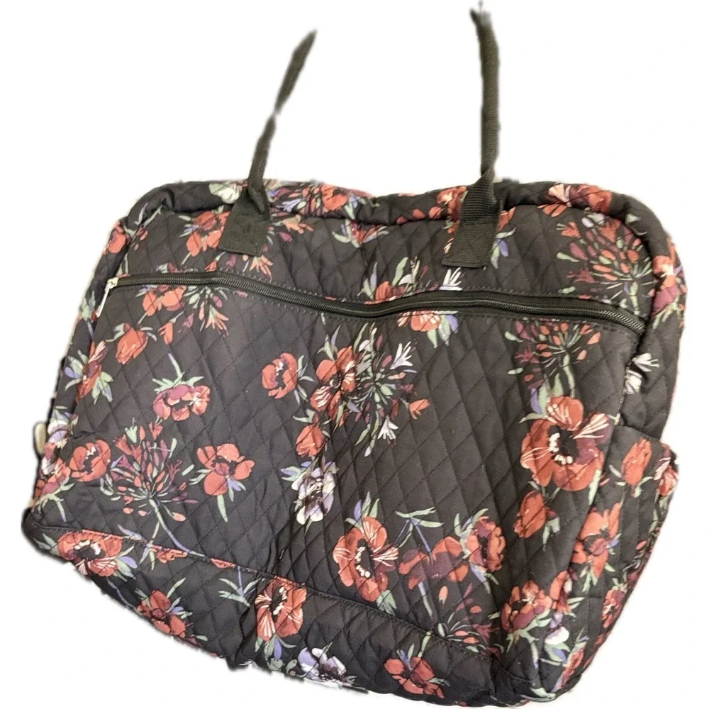 Woman Within Quilted Travel Bag and Matching Compact Mirror Set Black Red Floral